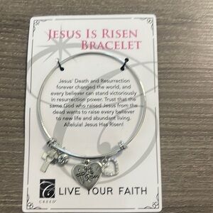 Beautiful silver metal bracelet with a cross, 2 hearts and gemstone. New!
